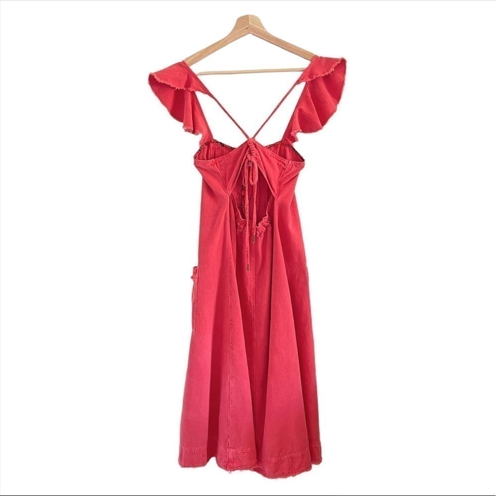 NWT Anthropologie Pilcro Linen Flutter Sleeve Midi Apron Dress Red XXS - Small - Picture 7 of 15